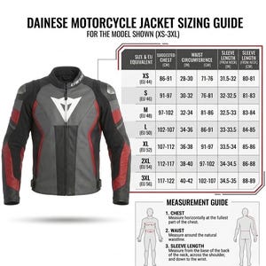 May include: A motorcycle jacket sizing guide with a black, gray, and red leather jacket. The guide includes chest, waist, and sleeve length measurements in inches and centimeters for sizes XS to 3XL. The Dainese logo is visible.