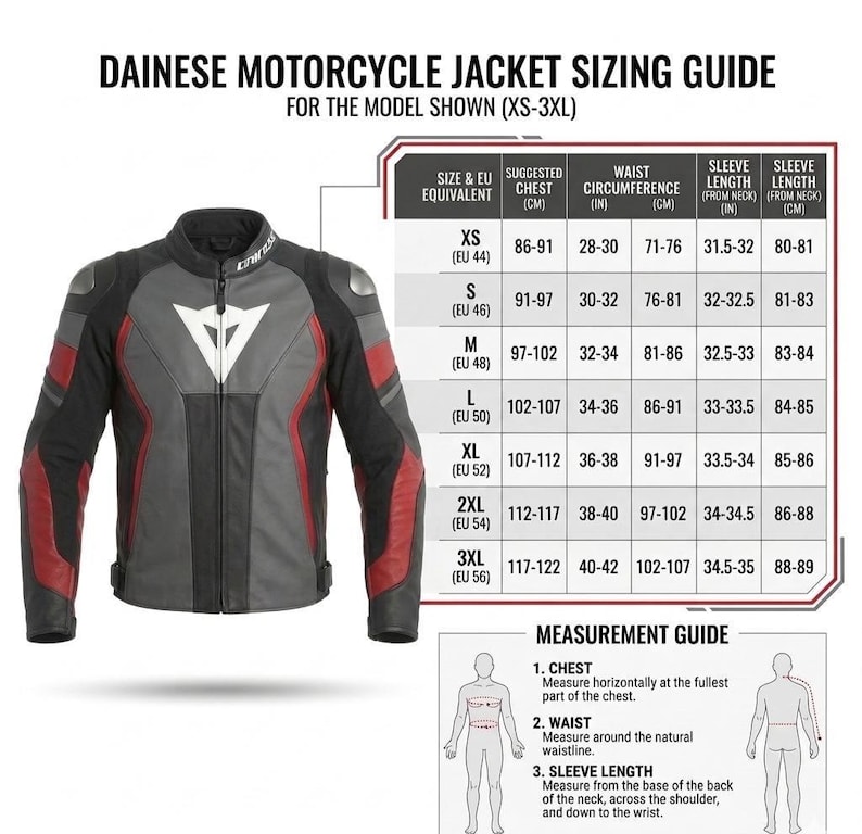 May include: A motorcycle jacket sizing guide with a black, gray, and red leather jacket. The guide includes chest, waist, and sleeve length measurements in inches and centimeters for sizes XS to 3XL. The Dainese logo is visible.