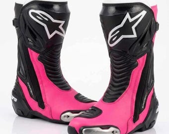 Botas de moto Alpinestars rosas para carreras, botas Alpinestars de cuero, equipo de protección para moto, regalo para ella.