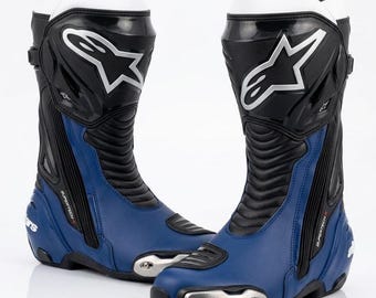Alpinestars Blue Motorcycle Racing Boots, Leather Alpinestar Boots, Protective Moto Gear, Gift for him
