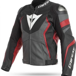 May include: Black, gray, and red leather motorcycle jacket with the brand name "DAINESE" printed on the collar and sleeve. The jacket features a white logo on the chest and red accents on the sleeves and sides.
