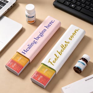 May include: Two pill organizers, one pink and one white, each with three compartments labeled for the days of the week. The pink organizer reads "Healing begins here," and the white one says "Feel better soon." Several pill bottles are also visible.
