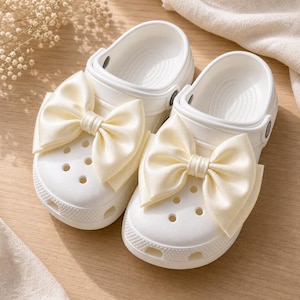 Oversized Satin Bow Shoe Charms for Clogs, Coquette Balletcore Accessory Pair Warm Cream