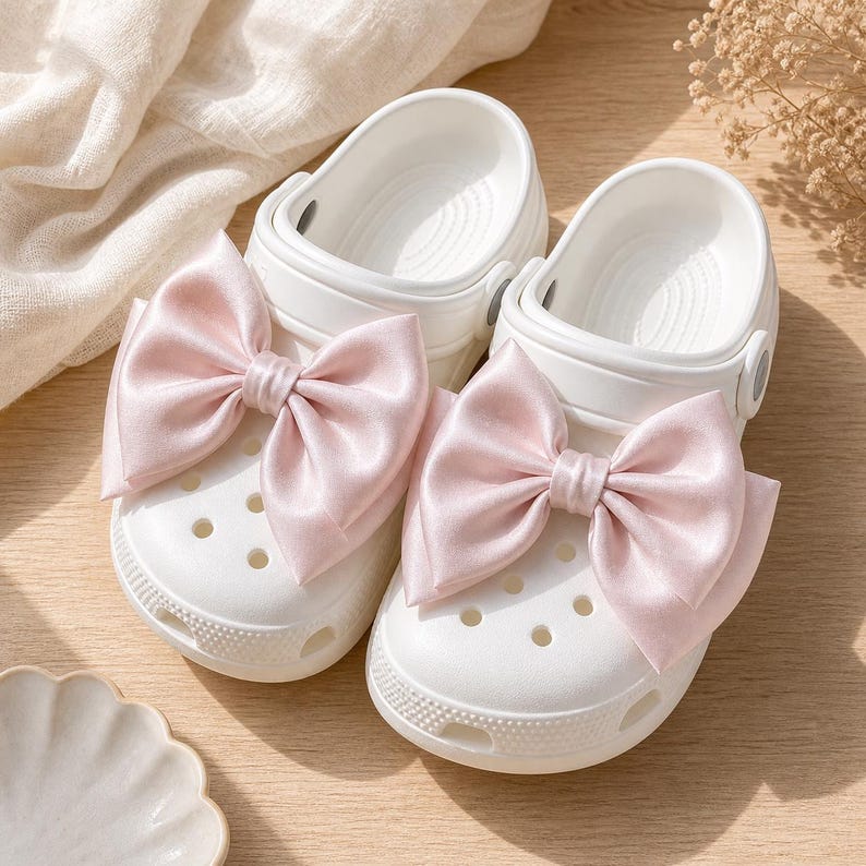 Oversized Satin Bow Shoe Charms for Clogs, Coquette Balletcore Accessory Pair Soft Pink
