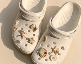 11 Piece Coastal Seashell Clog Shoe Charm Set, Natural Shell, Starfish and Pearl Accessories