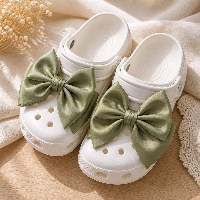 May include: A pair of white slip-on clogs featuring large, sage green satin bows attached to the top of each shoe. The clogs have a perforated toe box, a rounded silhouette, and a pivoting heel strap, showcasing a smooth, matte finish.