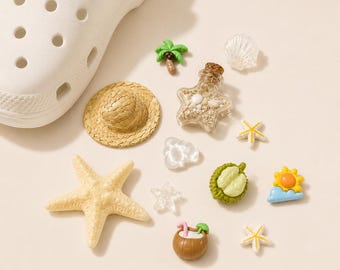 Conjunto de adornos para zapatos de playa de verano con estrella de mar, concha, sombrero de paja y palmera, lindos accesorios tropicales para zuecos