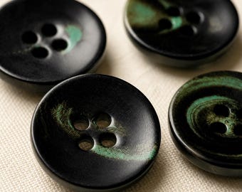 Natural Horn Buttons, Black Green 4 Hole Sewing, Vintage Coat Replacement Knitting Craft