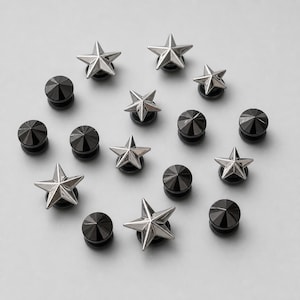 Könnte beinhalten: Eine Sammlung kleiner Körperschmuckstücke, bestehend aus silberfarbenen, sternförmigen Ohrsteckern aus Metall und massiven schwarzen, runden Steckern mit einer spitzen, konischen Mitte. Die Teile sind verstreut auf einer neutralen, hellgrauen Fläche angeordnet.