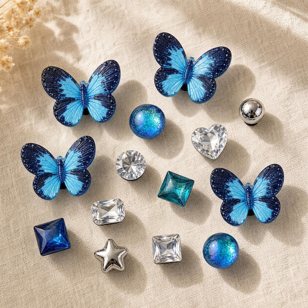 Blauer Schmetterling Harz Clog Charms, Strass Schuhzubehör Set