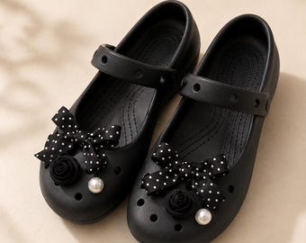 Black Bow Pearl Rose Clog Shoe Charms, 6 Piece Coquette Shoe Decorations