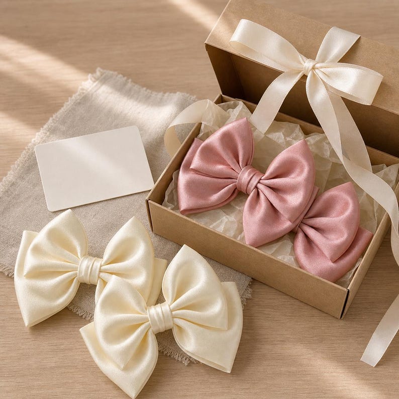 May include: A set of satin hair bows in cream and dusty rose colors. Two cream bows are placed outside a brown cardboard gift box, while two dusty rose bows are nestled inside on white tissue paper. A cream ribbon is tied around the box.