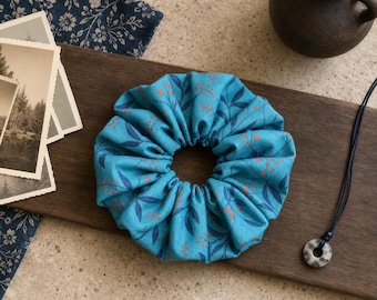 Blue Floral Oversized Scrunchie, Handmade 14 cm Hair Tie