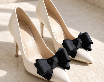 Black Bow Shoe Clips, Set of 2, 8cm Grosgrain Ribbon Detachable Decorations for Heels