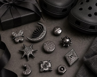 10 Piece Gothic Clog Shoe Charms, Black Silver Moon Star Set