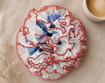 Large White Double-Layer Flower Scrunchie with Blue Plaid Center and Red Scalloped Edge