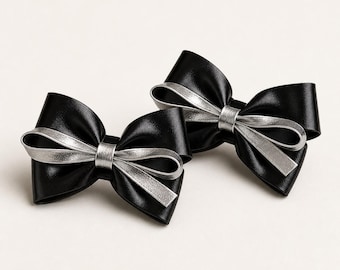 Black Silver Bow Shoe Charms, Press-In Clog Accessories, Pair