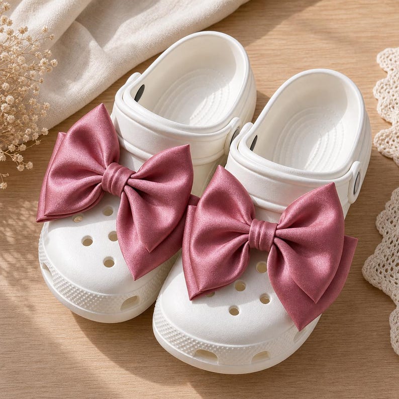 May include: A pair of white slip-on clogs featuring large, dusty rose-colored satin bows attached to the top of each shoe. The clogs have a perforated toe box, a rounded silhouette, and a textured sole edge, providing a clean and simple design.
