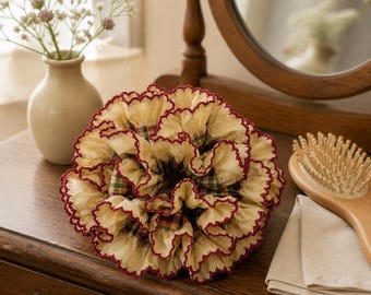 Handmade Vintage-Inspired Cottagecore Scrunchie, Khaki Ruffle Hair Tie, Plaid Cotton, Red Scalloped Trim
