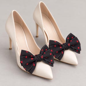 Red Heart Print Bow Shoe Clips, Detachable Pair in Black or Gray