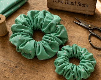 Handmade Vintage Cottagecore Scrunchie, Green Polka Dot Cotton Fabric