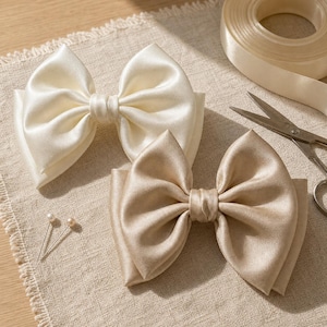 May include: Two large hair bows made of smooth, lustrous satin fabric. One bow is a bright off-white, and the other is a soft champagne beige. Each bow features a central knot detail and wide, folded loops. Two straight sewing pins with small pearl-like heads are positioned near the bows.