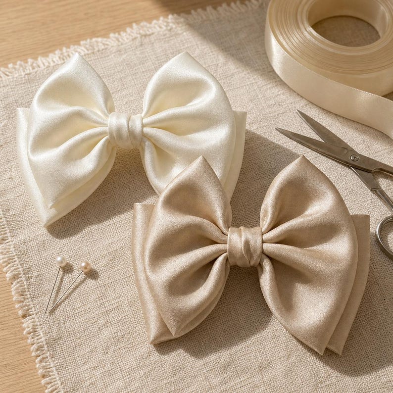 May include: Two large hair bows made of smooth, lustrous satin fabric. One bow is a bright off-white, and the other is a soft champagne beige. Each bow features a central knot detail and wide, folded loops. Two straight sewing pins with small pearl-like heads are positioned near the bows.