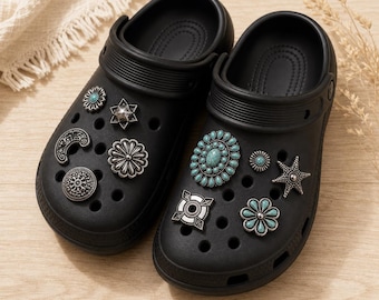 10 Piece Turquoise Clog Charm Set, Western Silver Shoe Buttons