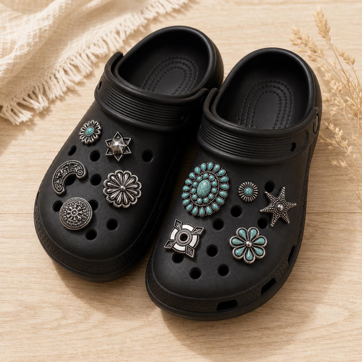 10 Piece Turquoise Clog Charm Set, Western Silver Shoe Buttons