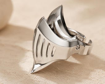 Gothic Armor Ring, Silver Statement, Cyberpunk Open Band, Futuristic Shield, Alternative Jewelry