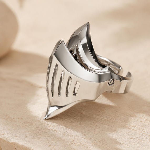 Gothic Armor Ring, Silver Statement, Cyberpunk Open Band, Futuristic Shield, Alternative Jewelry
