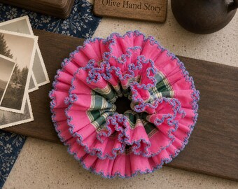 Oversized Green Gingham Scrunchie with Pink Ruffle and Blue Scalloped Edge