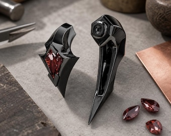 Gothic Dagger Ear Jacket Earring, Red Crystal Black Gunmetal or Silver Zircon Stud Drop, Dark Romance Statement Jewelry