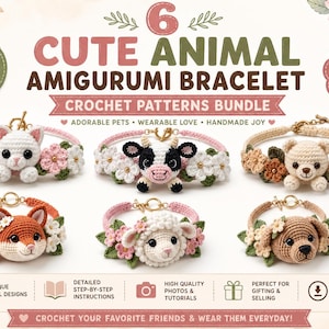Op de afbeelding: Een 6-in-1 haakpatronenbundel voor amigurumi dierenarmbanden met een kat, koe, beer, vos, schaap en hond. Elke armband bevat een centraal gehaakt dierenhoofd omringd door kleine bloemen en blaadjes op een dunne band.
