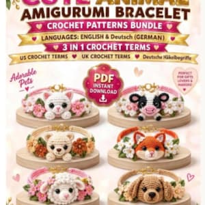 May include: A digital crochet pattern bundle for six animal bracelets featuring a cat, cow, bear, fox, sheep, and dog. The text includes "6 IN 1 BUNDLE SPECIAL OFFER", "CUTE ANIMAL AMIGURUMI BRACELET", "CROCHET PATTERNS BUNDLE", and "PDF INSTANT DOWNLOAD".