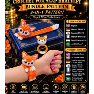 May include: A crochet fox bookmark and slap bracelet pattern bundle. The image displays a fox-shaped bookmark, a fox ring, and a fox slap bracelet worn on a wrist. Text includes CROCHET FOX BOOKMARK PATTERN & CROCHET FOX SLAP BRACELET BUNDLE PATTERN 3-IN-1 PATTERN.