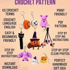 Puede incluir: Un patrón de ganchillo para llaveros de Halloween con ocho diseños: calabazas naranjas, un gato negro, una calabaza con sombrero morado, un murciélago rosa, tres calaveras, un fantasma y maíz dulce. Texto: CROCHET HALLOWEEN KEYCHAIN BUNDLE PATTERN, 8 IN 1.