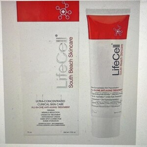 May include: A white tube and box of LifeCell South Beach Skincare. The tube has a red top and white body with text. The box has text that reads "Ultra-Concentrated Clinical Skin Care All-In-One Anti-Aging Treatment".