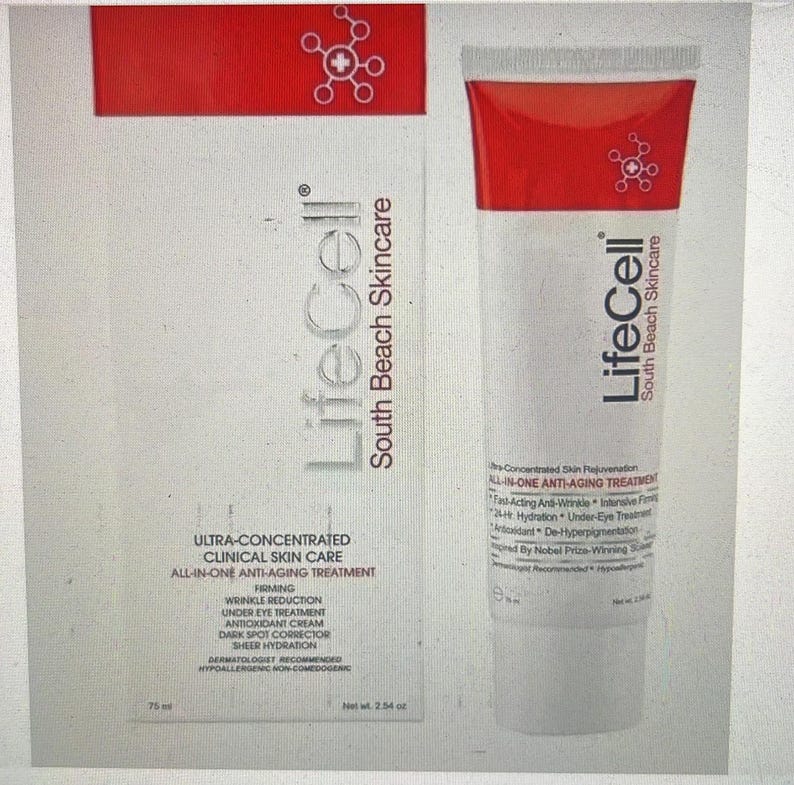 May include: A white tube and box of LifeCell South Beach Skincare. The tube has a red top and white body with text. The box has text that reads "Ultra-Concentrated Clinical Skin Care All-In-One Anti-Aging Treatment".