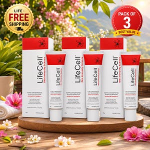 May include: A pack of three LifeCell skin rejuvenation products. Each tube and box is white and red, with the brand name and product details. The image includes text that says "Ultra Concentrated Skin Rejuvenation Advanced Formula".