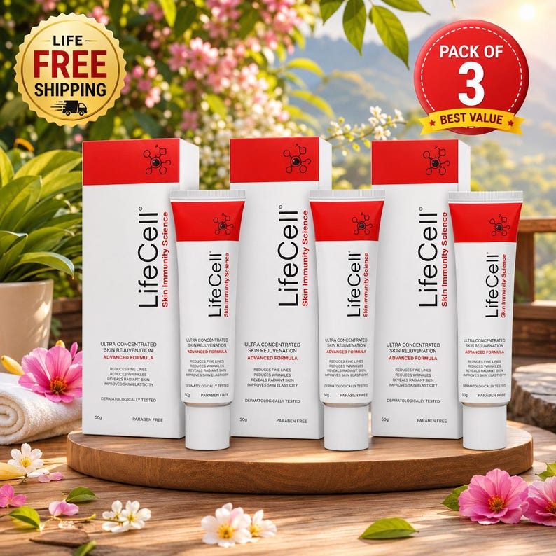 May include: A pack of three LifeCell skin rejuvenation products. Each tube and box is white and red, with the brand name and product details. The image includes text that says "Ultra Concentrated Skin Rejuvenation Advanced Formula".
