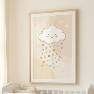 Smiling Cloud Nursery Print, Rainbow Stars Wall Art, Printable Baby Nursery Decor, Kids Room Art, Digital Download