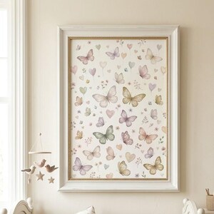 Watercolor Butterflies Nursery Wall Art, Cute Butterfly Pattern Poster, Pastel Girls Room Decor, Whimsical Hearts Print, Digital Download