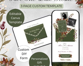 Olive Green Save The Date Website Template, Editable Canva Wedding Website, Address Collection Form, DIY Digital Wedding Website Template
