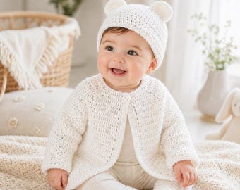 Crochet Baby Jacket Cap Set Pattern PDF, Easy Baby Bear Ear Hat & Cardigan, Baby Girl Crochet Bonnet, English Digital Download PDF, 3 Sizes