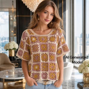 Granny Square Crochet Top Pattern PDF, Colorful Crochet Shirt, Intermediate Crochet Pattern, Boho Summer Top, Crochet Clothing Pattern