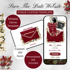 May include: A digital wedding invitation template displayed on a tablet and smartphone. The design features a burgundy envelope with floral accents and the text "Save The Date Website." Additional text includes "3 Page Custom Template" and "Editable Canva Template."