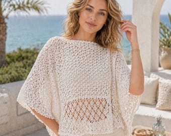 Summer Crochet Poncho Top Pattern PDF, Boho Beach Cover Up, Lace Batwing Crochet Blouse for Women, Intermediate Digital Download
