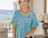 Granny Square Crochet Top Pattern PDF, Colorful Crochet Shirt, Intermediate Crochet Pattern, Boho Summer Top, Crochet Clothing Pattern