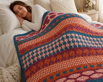 Sampler Stitch Crochet Blanket Pattern PDF, Intermediate Crochet Afghan, Colorful Textured Throw Blanket, Cozy Home Decor Digital PDF